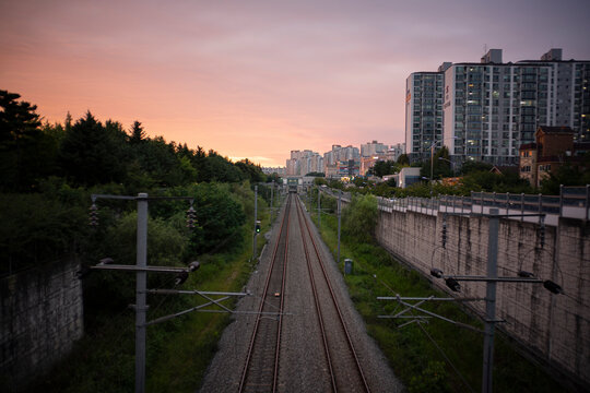 railroad track at sunset