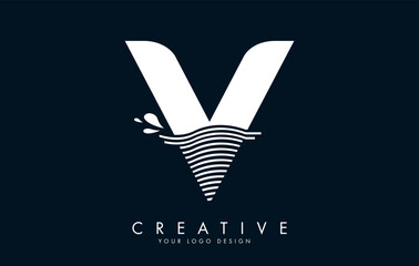 White V Letter Logo with Waves and Water Drops Design.