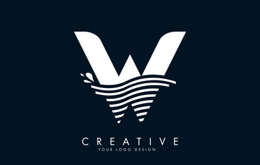 White W Letter Logo with Waves and Water Drops Design.