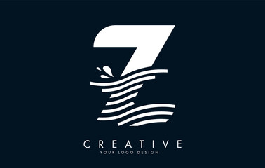White Z Letter Logo with Waves and Water Drops Design.
