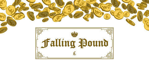 Falling British pounds 3d coins on an isolated white background. Vector financial vintage banner with patterned frame