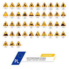 Road signs in Poland. Complementary warning signs. Vector Format Pack 1 | Polskie znaki drogowe ostrzegawcze - wektory