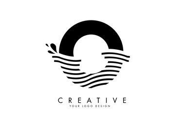 Black O Letter Logo with Waves and Water Drops Design.
