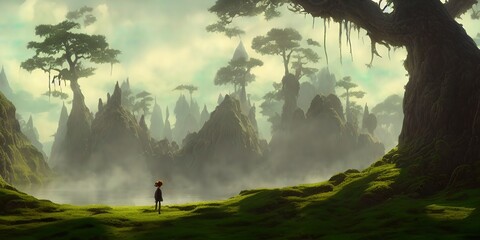 Journey to abandoned jungle, overgrown forest composition, illustration.