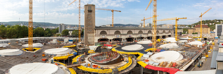 Stuttgart 21 construction site for new railway train station of Deutsche Bahn DB panorama in Germany