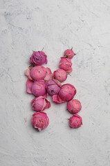 letter K outlined with pink flowers on a white background
