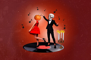 Creative poster collage of funny funky couple dancing have fun tango date man skeleton skull head...