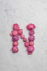 letter N outlined with pink flowers on a white background
