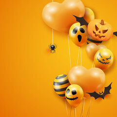 Fototapeta premium Halloween banner with flying pumpkins, bat, spider and ghost balloons on orange background. Halloween background with scary air balloons