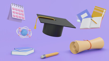 Fototapeta na wymiar Concept education. Graduate cap surrounded by graduation leaves, school bags, notebooks, stationery and atoms on purple background. Education idea for illustration. 3d render