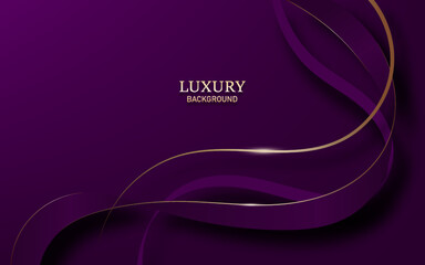 Elegant ribbon with golden line and curved shape elements on purple luxury background with light effect decoration