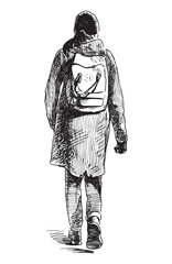 Sketch of young towns woman with backpack walking outdoors