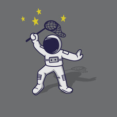astronaut catches star with cartoon concept , cute,and funny. vector illustration. suitable as stickers, wallpapers, or t-shirt designs