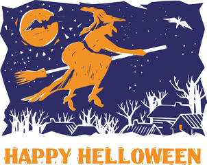 Halloween vector illustration with a witch on a broomstick. The mystical dark night of Halloween.