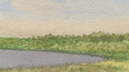 Fototapeta na wymiar Watercolor vector drawing of landscape of riverside in summer