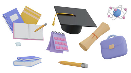 Concept education. Graduate cap surrounded by graduation leaves, school bags, notebooks, stationery and atoms objects. Education idea for illustration. 3d render