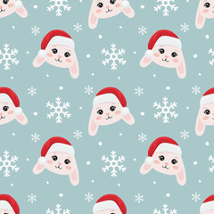 Christmas seamless pattern with bunny face in christmas hat. Beautiful background for gift wrapping papers, greeting cards, decoration.