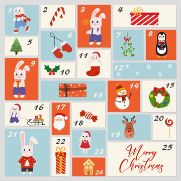 Christmas Advent calendar with cute elements. Christmas funny poster. Countdown calendar. Vector illustration