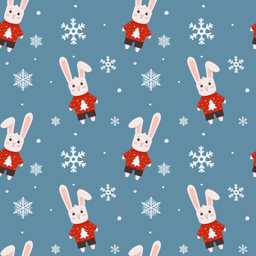 Winter seamless pattern with bunny in sweater and snowflakes. Perfect for wrapping paper, greeting cards and seasonal design.