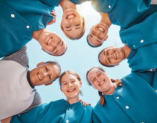 Baseball, team and coach with happy smile together with support, collaboration and success through...