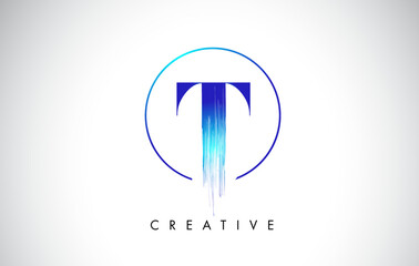 T Brush Stroke Letter Logo Design. Blue Paint Logo Leters Icon.