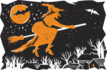 Halloween vector illustration with a witch on a broomstick. The mystical dark night of Halloween.