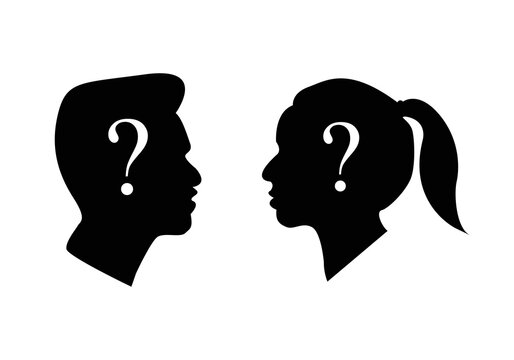 man and woman silhouette with question mark. confused couple icons 