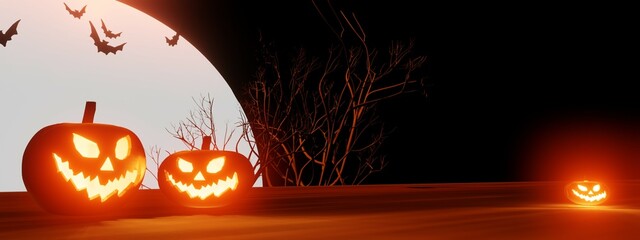 Halloween theme banner with group of Jack O Lantern pumpkin with glowing eyes with full moon and bat flying in the background, 3d render.