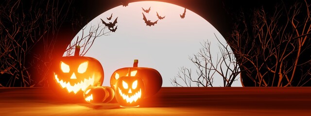 Halloween theme banner with group of Jack O Lantern pumpkin with glowing eyes with full moon and bat flying in the background, 3d render.