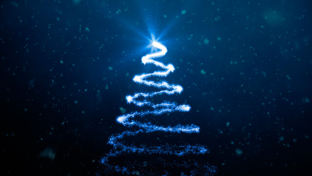 Abstract Christmas background, graphic image of a Christmas tree made of lights with a star with the effect of falling snow