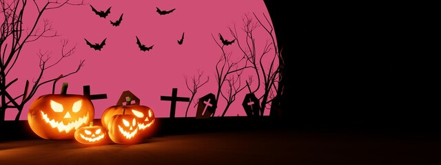 Halloween pumpkins smile and scary eyes with bats and graves backdrop. with a big pink moon, 3d render, banner.
