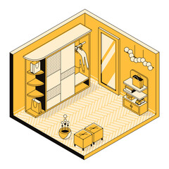 Vector isometric illustration, modern 3d wardrobe, dressing room interior concept. Arrangement of furniture in a cozy storage room, closet. Indoor environment, apartment template for home, hotel