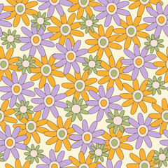 Fototapeta na wymiar Retro vintage seamless pattern with groovy hippie flowers on a beige background. Abstract botanical print. Vector illustration
