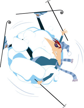 Illustration of cartoon skier and a big snowdrift. 
A falling skier rolls inside a large snowdrift. Isolated on white background
