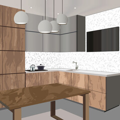 Kitchen interior background with furniture. Design of modern kitchen. Symbol furniture. Kitchen illustration
