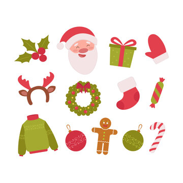 Cute Christmas icon set in cartoon style. Vector illustration isolated on white background