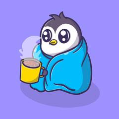 penguin wearing a blanket and holding a cup of coffee cartoon vector icon illustration