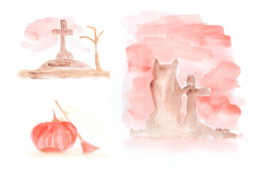 Watercolor set halloween, cemetery, death. Art decoration, sketch. Illustration hand drawn modern