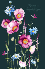 Greeting card with poppy flowers, can be used as invitation card for wedding, birthday and other holiday and summer background