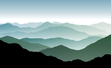 Vector panoramic landscape with blue and green misty silhouettes of mountains and clear sky - obrazy, fototapety, plakaty