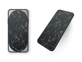 Broken black phone with cracked damage touchscreen display front side view set realistic vector