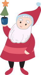 Santa Gnome holds a pot with a decorative Christmas tree illustration in cartoon style