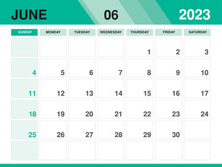 June 2023 template, Calendar 2023 template vector, planner monthly design, Desk calendar 2023, Wall calendar design, Minimal style, advertisement, poster, printing media, green background concept
