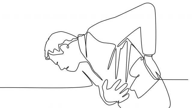 Self-drawing of a man clutching his back with one line on a white screen. The concept of acute pain of the spine. Stock whiteboard video presentation of back problems in 4k with alpha channel.