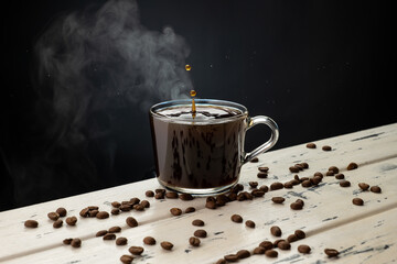 A mug of hot coffee with evaporation and steam and a small splash on a wooden table next to coffee beans