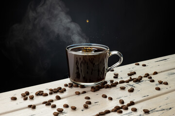 A mug of hot coffee with evaporation and steam and a small splash on a wooden table next to coffee beans