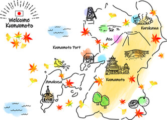 秋の熊本県の観光地シンプル線画イラストマップ