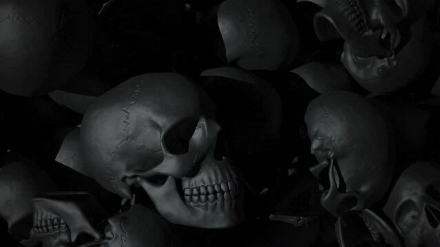 A camera span over an endless pile of black textured human skulls. The concept of death and horror. A bunch of skulls awesome halloween horror picture. Seamless loop 3d render