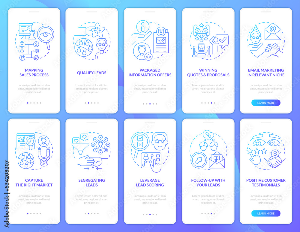 Poster lead conversion process blue gradient onboarding mobile app screen set. walkthrough 5 steps graphic 