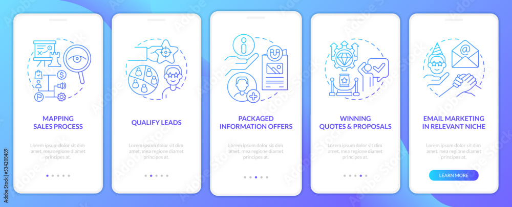 Aufkleber process of lead conversion blue gradient onboarding mobile app screen. walkthrough 5 steps graphic i